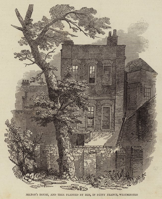 Miltons hus, og tre plantet av ham, i Petty France, Westminster (gravering) av English School