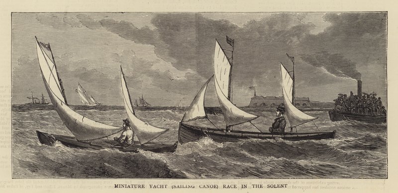 Miniatyryacht (seilkano) Race in the Solent (gravering) av English School