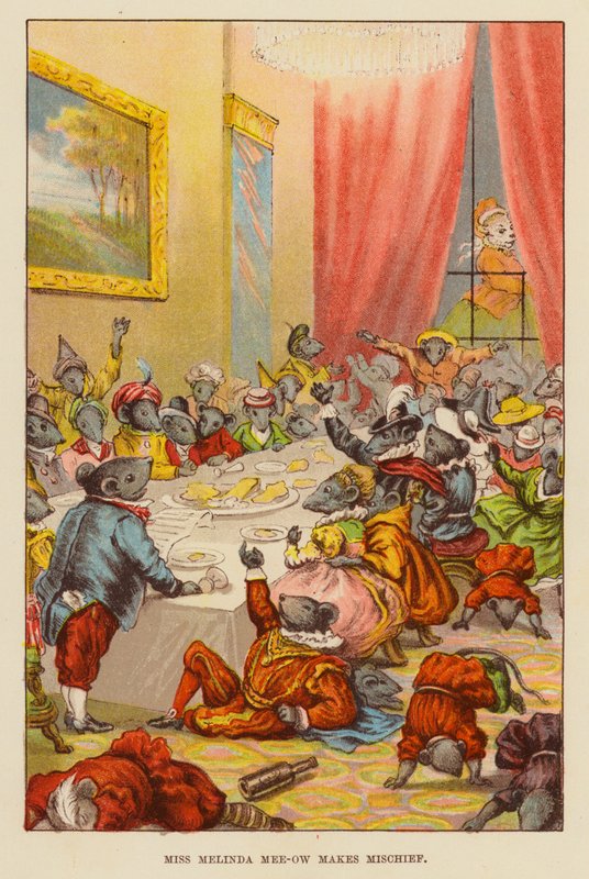 Frøken Melinda Mee-ow lager ugagn (farge litho) av English School