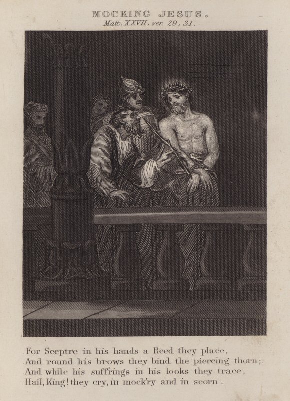 Håner Jesus, Matteus XXVII, ver 29, 31 (gravering) av English School