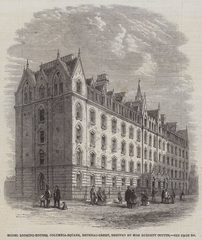 Model Lodging-Houses, Columbia-Square, Bethnal-Green, reist av frøken Burdett Coutts (gravering) av English School