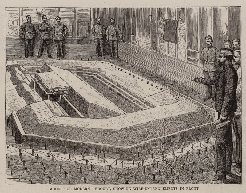 Modell for Modern Redoubt, viser Wire-Entanglements i front (gravering) av English School