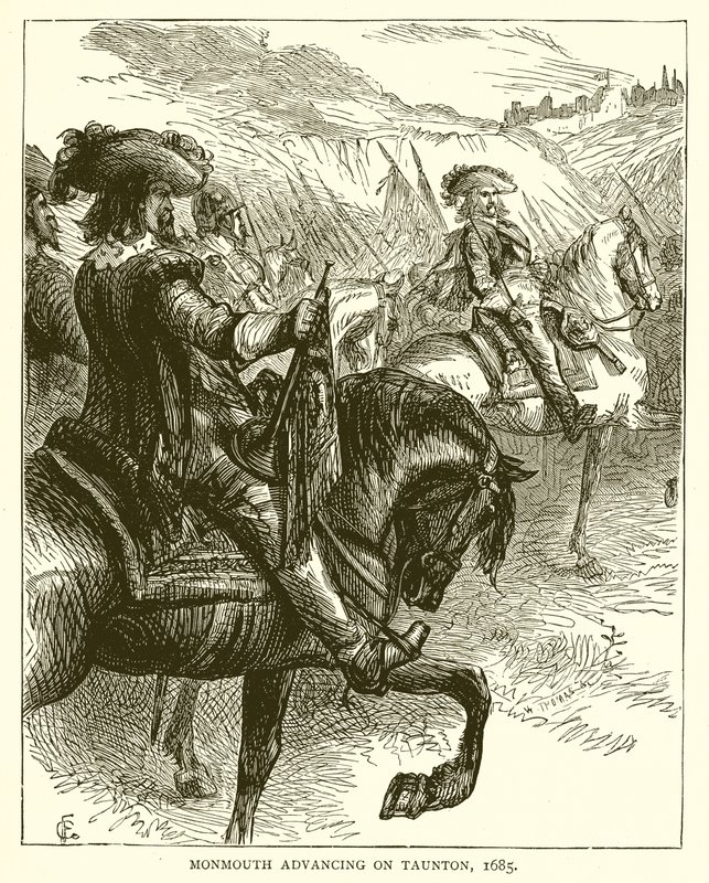 Monmouth rykker frem på Taunton, 1685 av English School