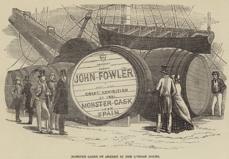 Monsterfat av Sherry i London Docks (gravering) av English School