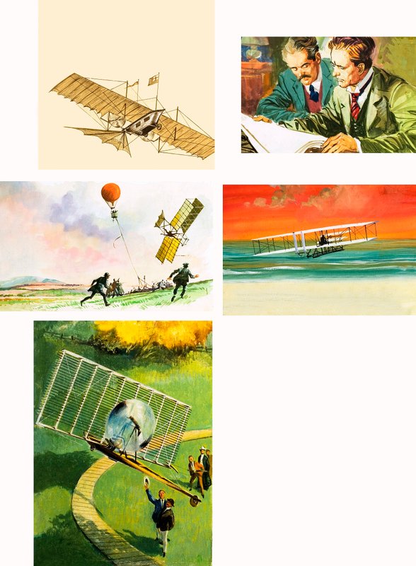 Montasje av tidlig flytur inkludert Wright-brødrene (gouache på papir) av English School