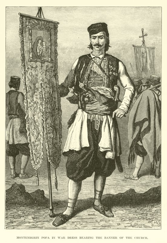 Montenegrinske Popa i krigskjole med kirkens banner av English School