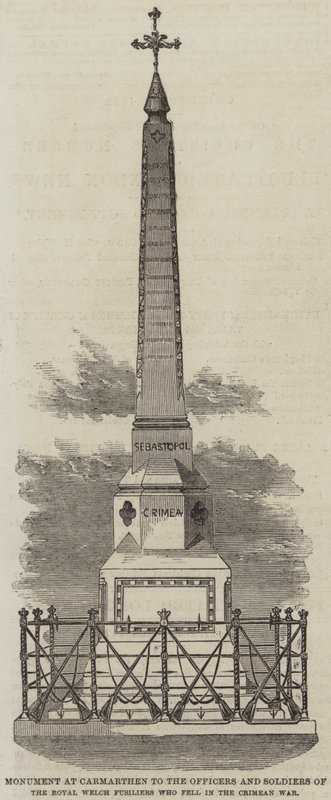 Monument ved Carmarthen til offiserene og soldatene til Royal Welch Fusiliers som falt i Krim-krigen (gravering) av English School