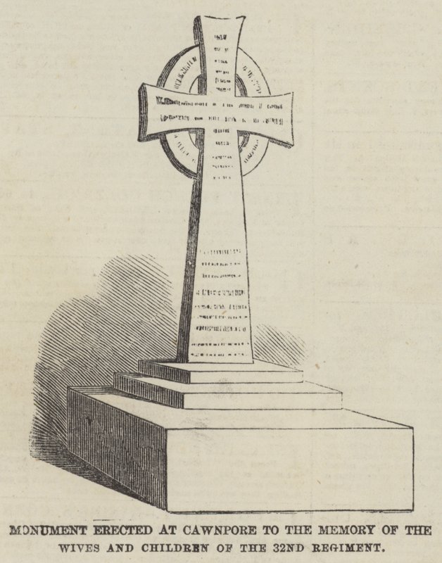 Monument reist ved Cawnpore til minne om konene og barna fra det 32. regiment (gravering) av English School