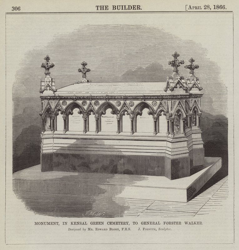Monument, på Kensal Green Cemetery, til general Forster Walker, designet av Mr Edward Blore, FRS … (gravering) av English School