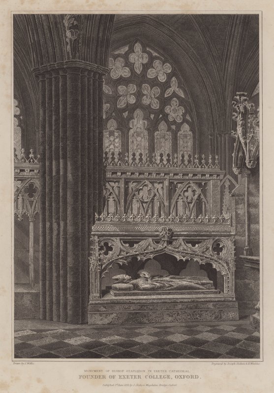 Monument til biskop Stapledon, grunnlegger av Exeter College, Oxford, i Exeter Cathedral (gravering) av English School
