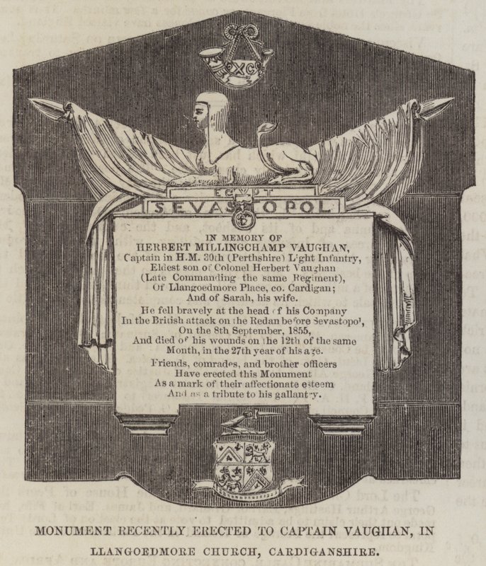 Monument nylig reist til kaptein Vaughan, i Llangoedmore Church, Cardiganshire (gravering) av English School