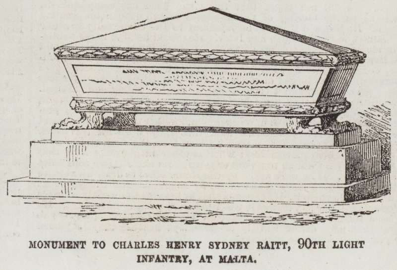 Monument til Charles Henry Sydney Raitt, 90th Light Infantry, på Malta (gravering) av English School