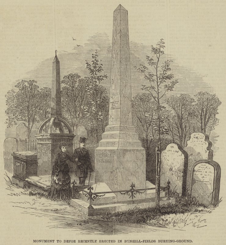 Monument til Defoe nylig reist i Bunhill-Fields Burying-Ground (gravering) av English School