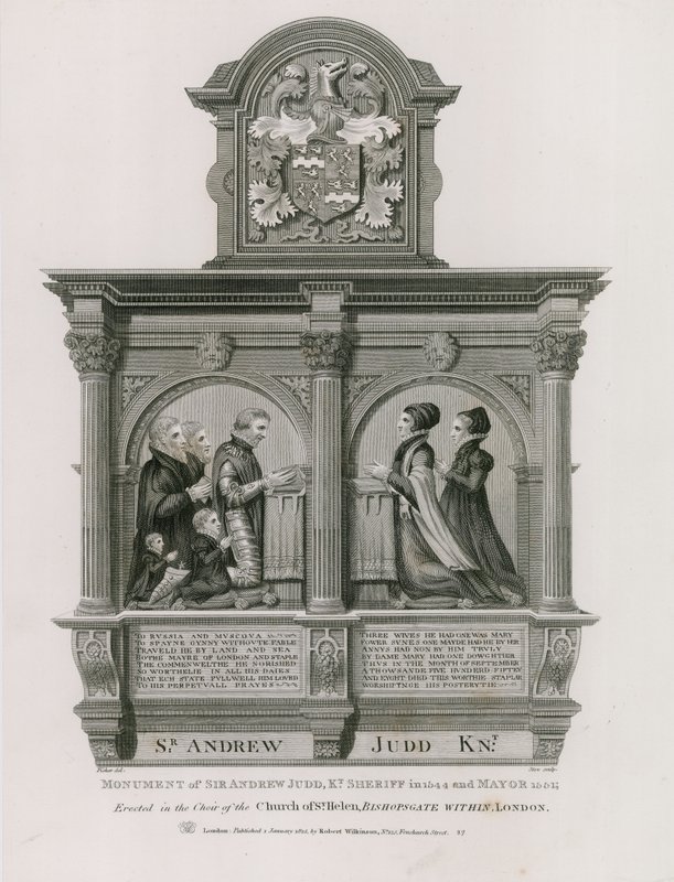 Monument til Sir Andrew Judd, sheriff og borgermester, i St Helens Bishopsgate, London av English School