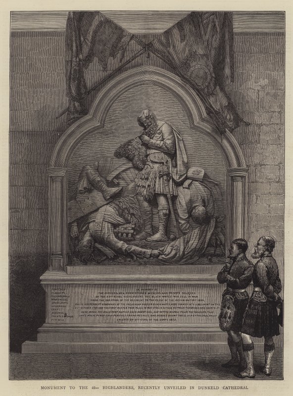 Monument til de 42. høylanderne, nylig avduket i Dunkeld Cathedral (gravering) av English School