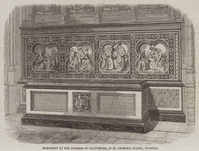 Monument til hertuginnen av Gloucester, i St George's Chapel, Windsor (gravering) av English School