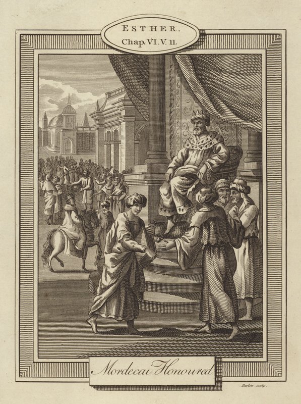 Mordekai æret, Esther, kapittel VI, vers 11 (gravering) av English School
