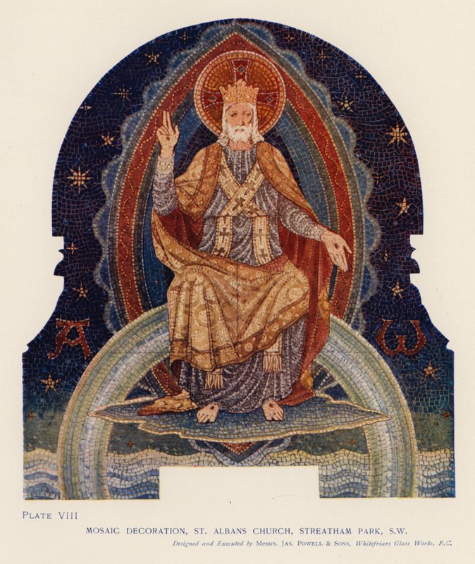 Mosaikkdekorasjon, St Albans Church, Streatham Park, London (farge litho) av English School