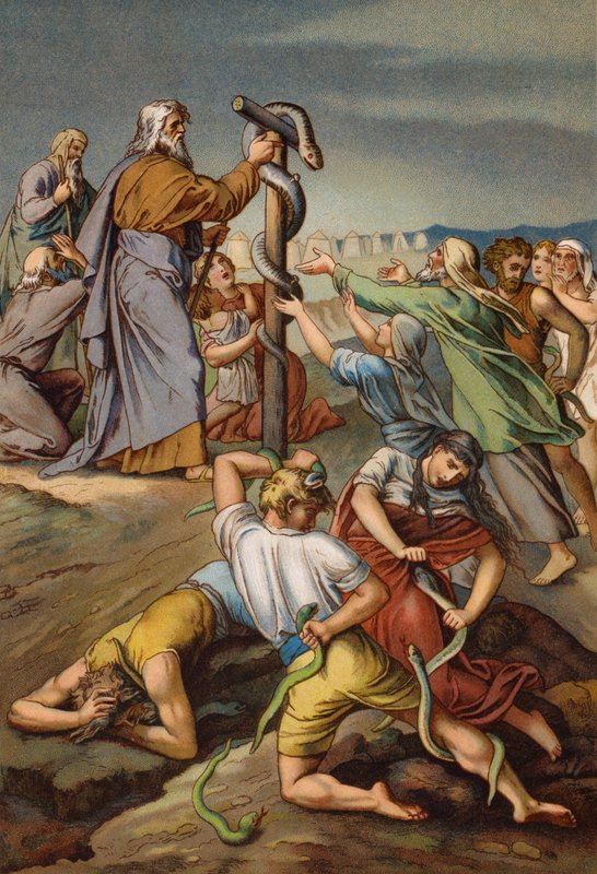 Moses og den skamløse slangen (chromolitho) av English School