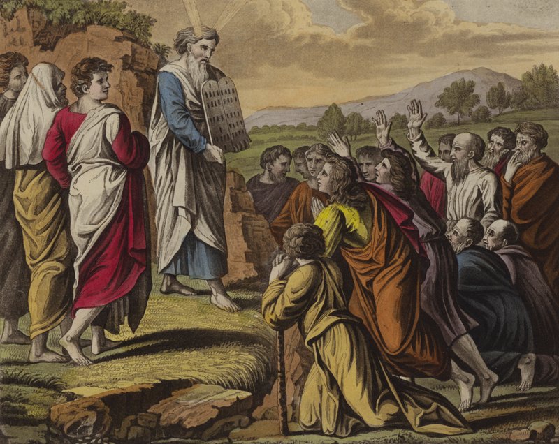 Moses leverer de ti bud (farge litho) av English School