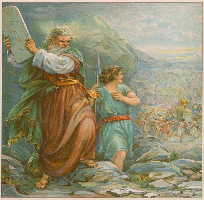 Moses holder en av tavlene som inneholder de ti bud av English School