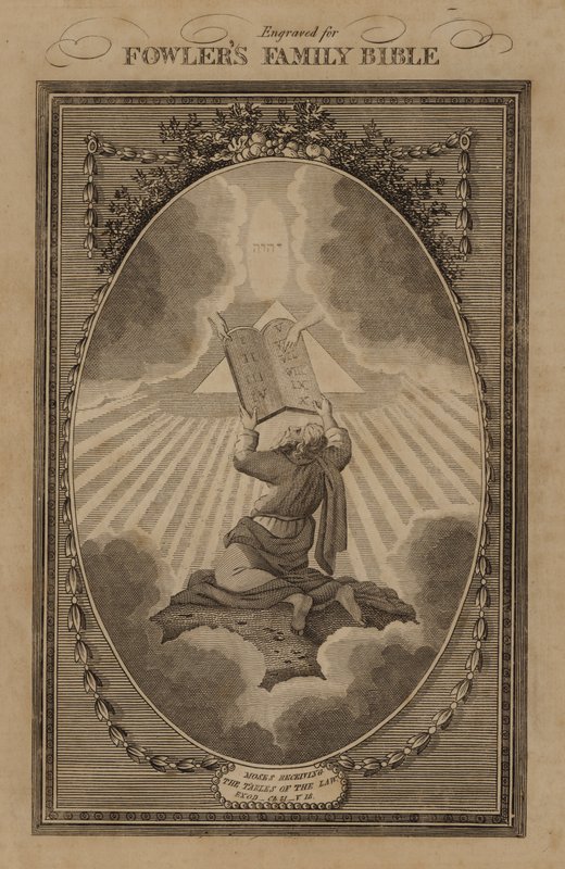 Moses mottar lovens tabeller, Exodus, kapittel 31, vers 18 (gravering) av English School