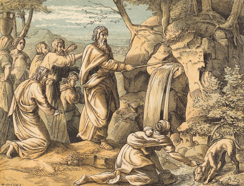 Moses slår klippen (farget gravering) av English School