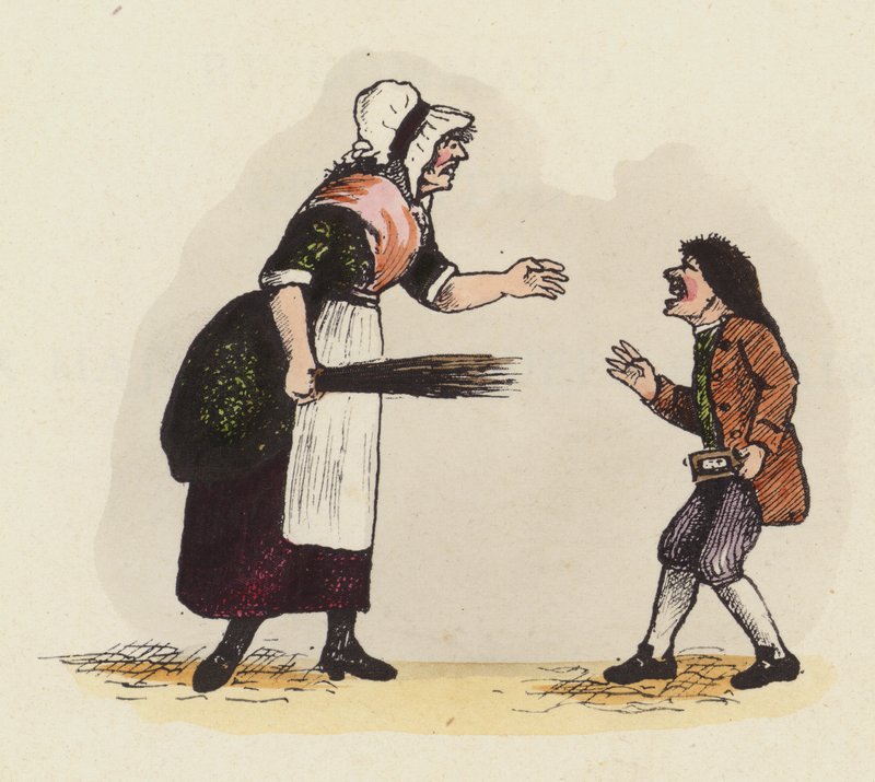 Mor, eller skoledame, disiplinerer en gutt som holder en hornbok (farget gravering) av English School
