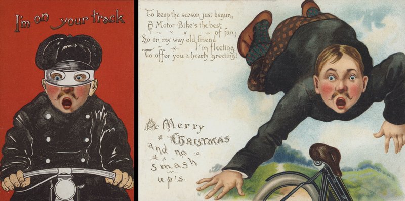 Julekort med motorsykkeltema (chromolitho) av English School