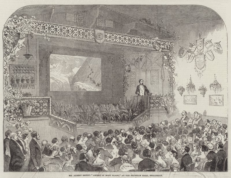 Mr Albert Smiths "Ascent of Mont Blanc," i Egyptian Hall, Piccadilly (gravering) av English School