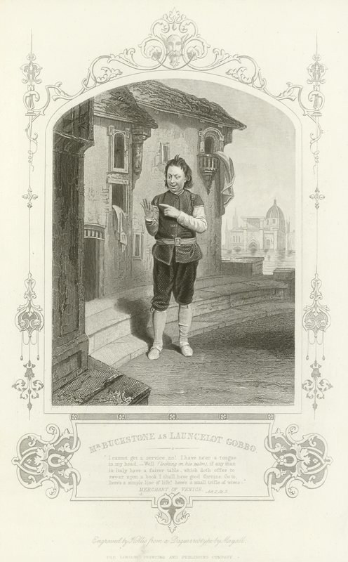 Mr Buckstone som Launcelot Gobbo, The Merchant of Venice av English School