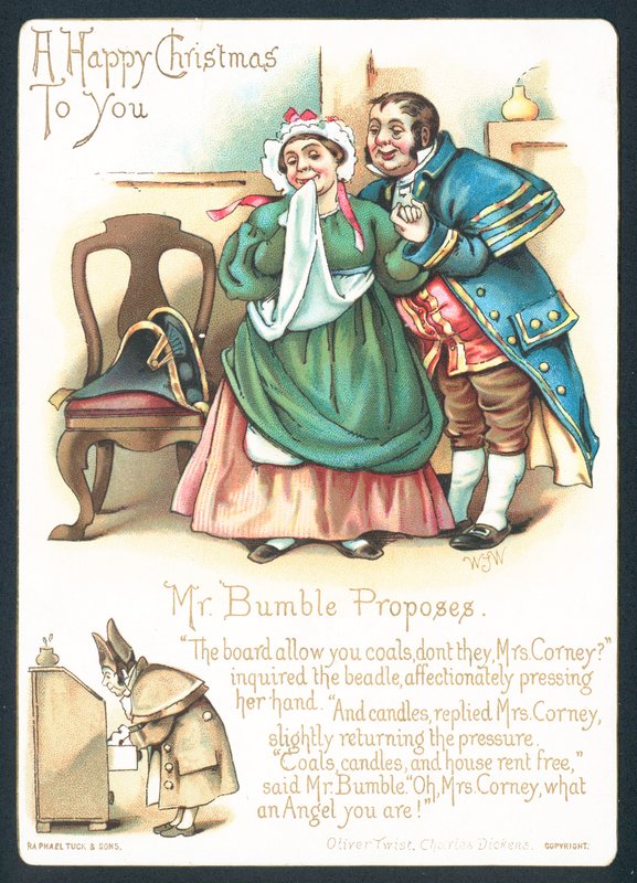Mr Bumble og Mrs Corney, julekort av English School