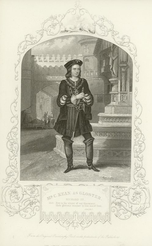Mr C Kean som Gloster, Richard III, Act I, Scene I av English School