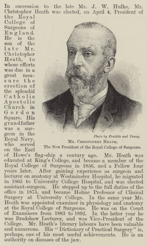 Mr Christopher Heath, den nye presidenten for Royal College of Surgeons (gravering) av English School