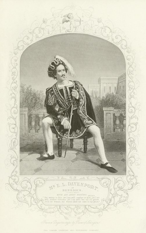 Mr E L Davenport som Benedick, Much Ado About Nothing, Act II, scene iii av English School