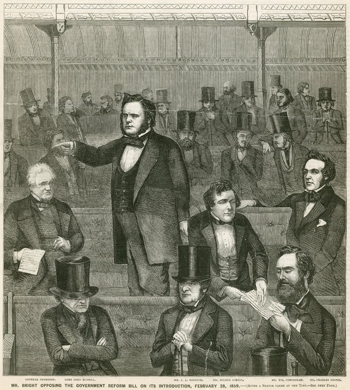 John Bright motsetter seg regjeringsreformforslaget ved innføringen av det, 28. februar 1859 av English School