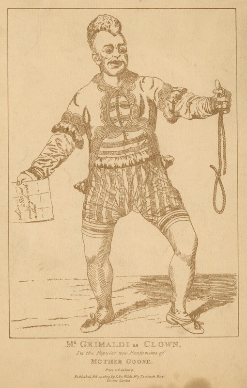 Mr Joseph Grimaldi som klovn i den populære pantomimen Mother Goose av English School