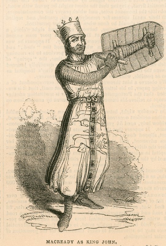 Mr Macready i tittelrollen til stykket King John, Drury Lane Theatre, London av English School