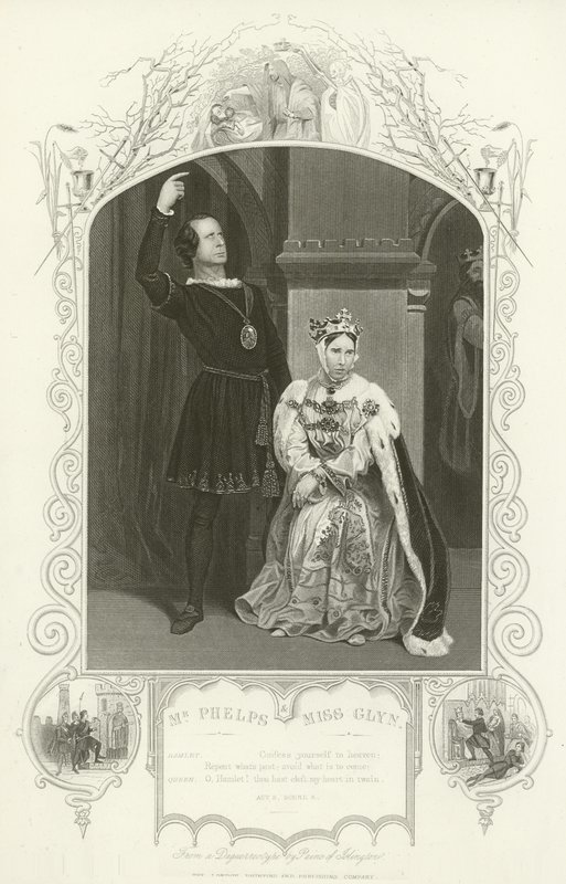 Mr Phelps som Hamlet og Miss Glyn som Queen, Hamlet, Act III, Scene IV av English School