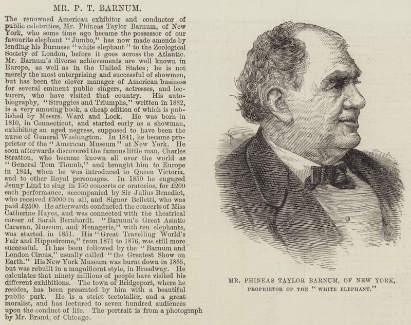 Mr Phineas Taylor Barnum, fra New York, innehaver av "White Elephant" (gravering) av English School