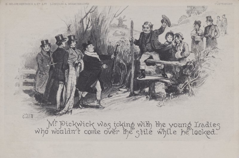 Mr Pickwick fleiper med de unge damene (s/hvitt-bilde) av English School