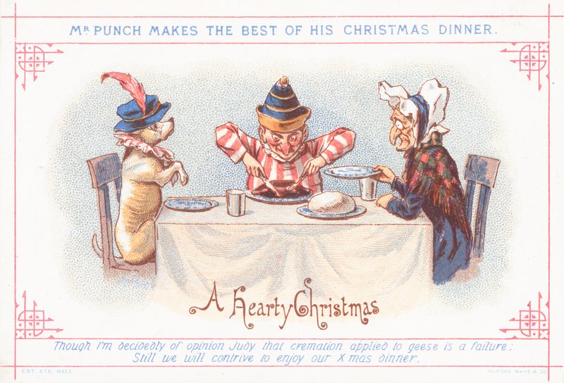 Mr Punch sitter ned til julemiddag, julekort av English School