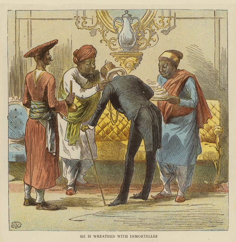 Mr Row Bahawdur Ramchunder Gopaldas' bryllupsfest (farge litho) av English School