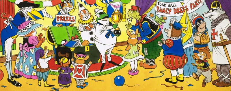 Mr Toad presenterer premier på en fest med pynteklær av English School