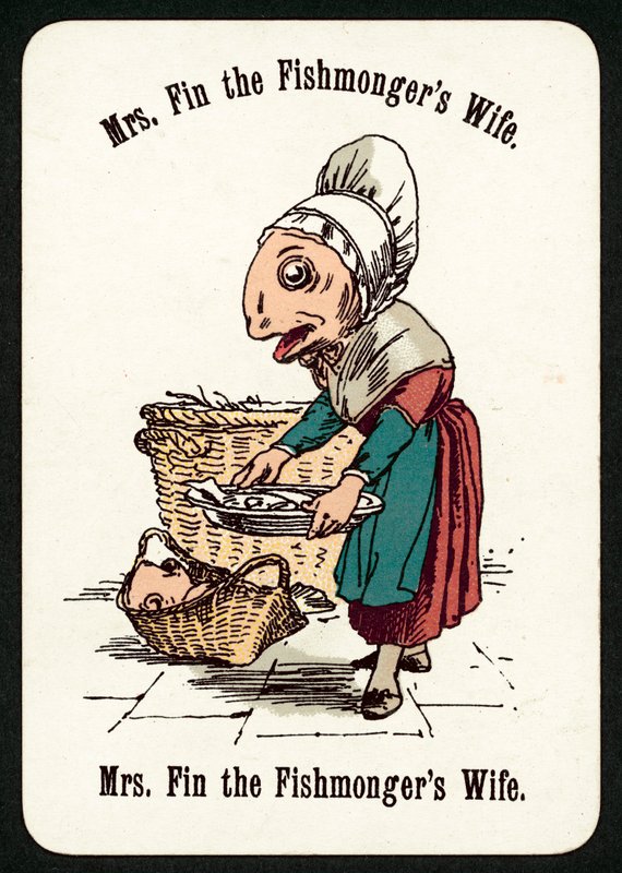 Mrs Fin Fiskehandlerens kone (farge litho) av English School