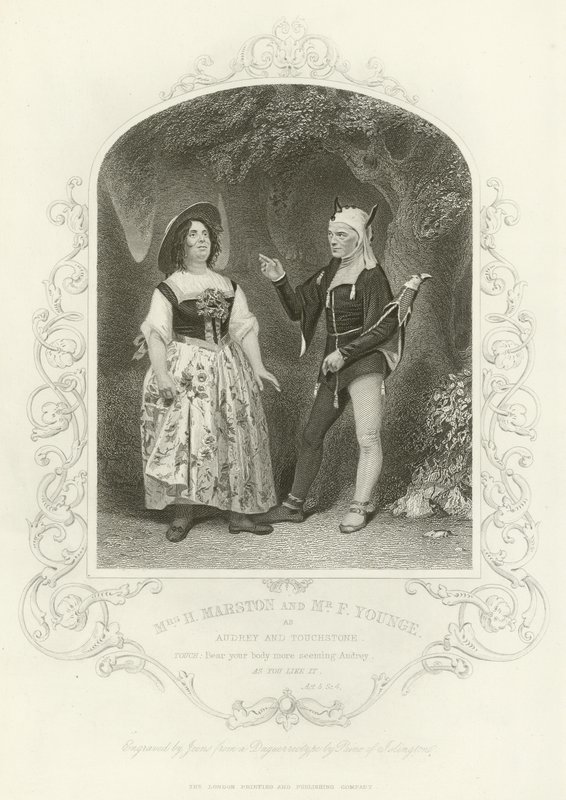 Mrs H Marston og F Younge som Audrey og Touchstone, As You Like It, Act V, scene iv av English School