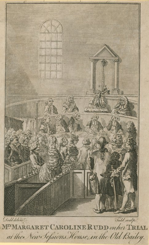 Fru Margaret Caroline Rudd under rettssaken hennes i det nye Sessions House i Old Bailey av English School