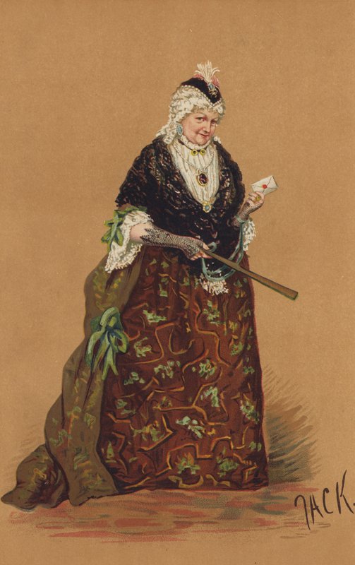 Fru Stirling, som fru Malaprop, i komedien til «The Rivals». (farge litho) av English School