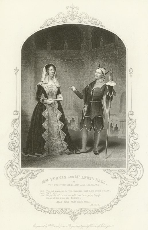 Mrs Ternan og Mr Lewis Ball som grevinnen Rousillon og hennes klovn, Alls Well That Ends Well, Act I, scene iii av English School