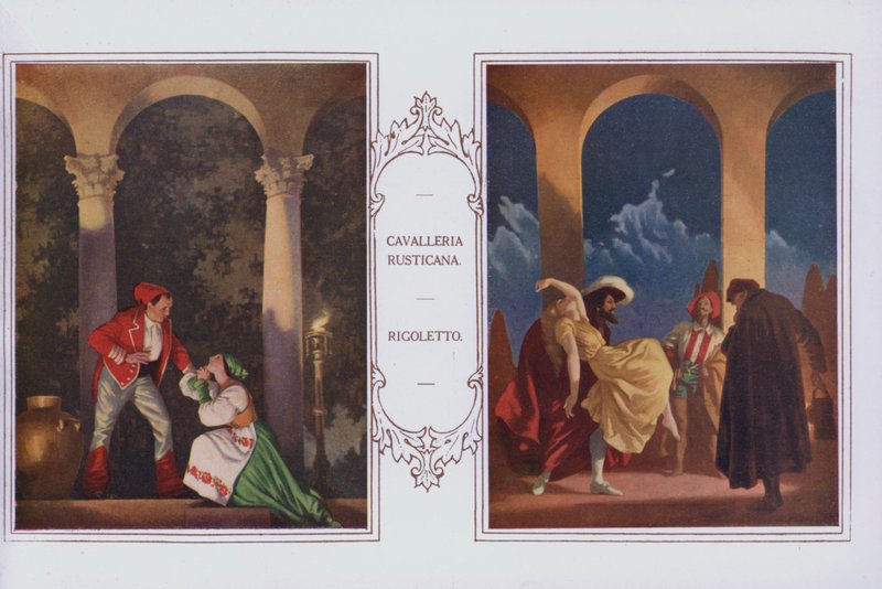 Veggmalerier i Peter Robinson restaurant: Cavalleria Rusticana, Rigoletto (farge litho) av English School